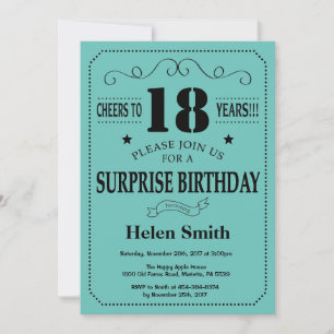 Surprise 18th Birthday Black and Teal Invitation