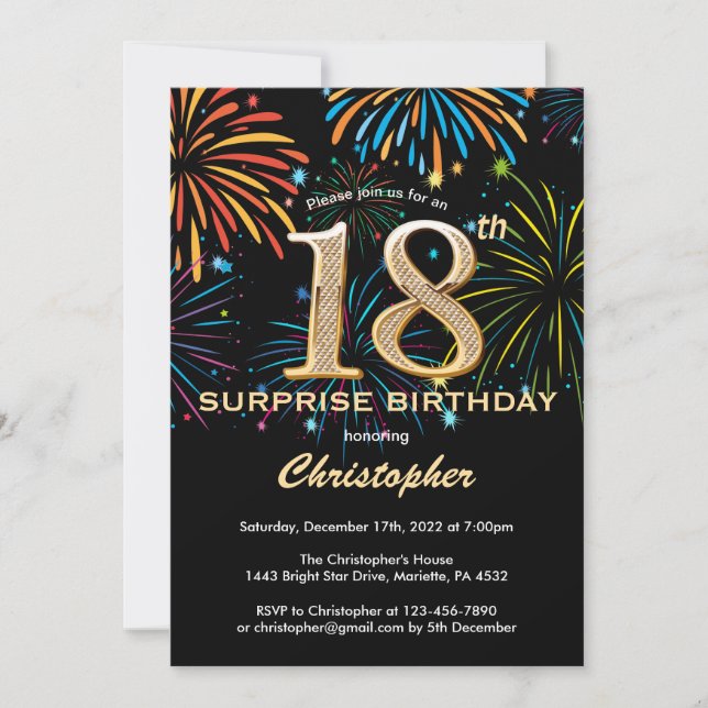 Surprise 18th Birthday Black Gold Rainbow Firework Invitation (Front)