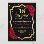 Surprise 18th Birthday - Black Gold Red Invitation<br><div class="desc">Surprise 18th Birthday Invitation.
Feminine black,  red design with faux glitter gold. Features red roses,  script font and confetti. Perfect for an elegant birthday party. Can be personalized to show any age. Message me if you need further customization.</div>