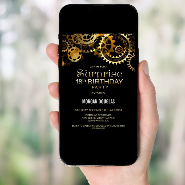 Surprise 18th Birthday Black Gold Steampunk Invitation (Front Digital)