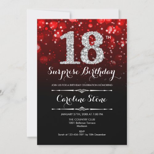 Surprise 18th Birthday _ Black Red Silver Invitation