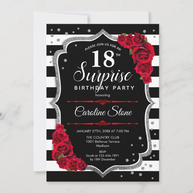 Surprise 18th Birthday - Black White Red Invitation (Front)