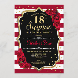 Surprise 18th Birthday - Black White Red Invitation