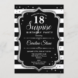 Surprise 18th Birthday - Black White Silver Invitation