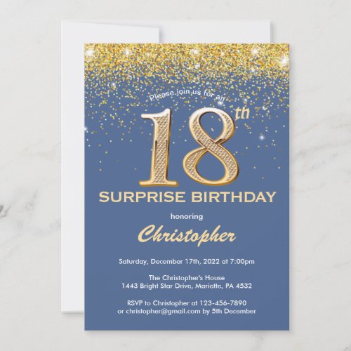 Surprise 18th Birthday Blue and Gold Glitter Invitation