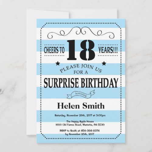 Surprise 18th Birthday Blue and White Stripes Invitation