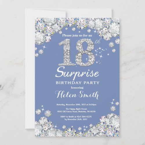 Surprise 18th Birthday Blue Silver Diamond Invitation