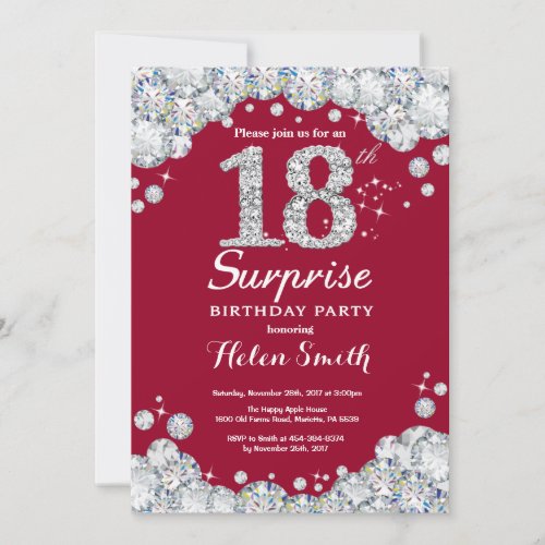 Surprise 18th Birthday Burgundy Red Silver Diamond Invitation