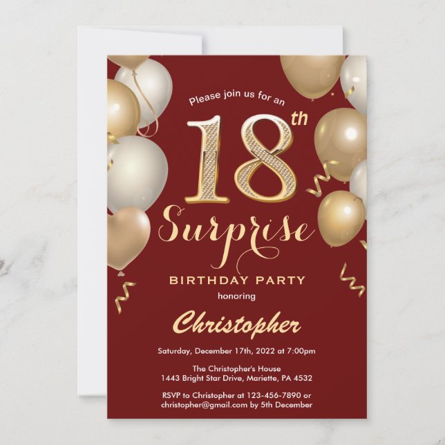 Surprise 18th Birthday Dark Red and Gold Balloons Invitation (Front)