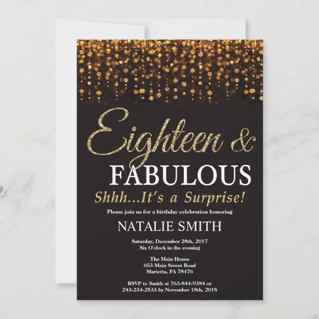 Surprise 18th Birthday Eighteen and Fabulous Gold Invitation (Front)