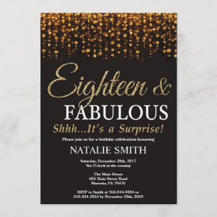 Surprise 18th Birthday Eighteen and Fabulous Gold Invitation