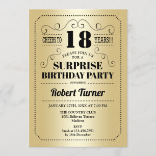 Surprise 18th Birthday - Gold Black Invitation
