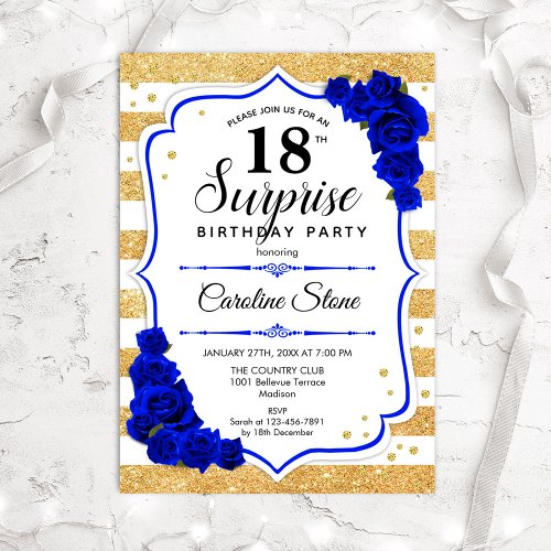 Surprise 18th Birthday _ Gold White Royal Blue Invitation