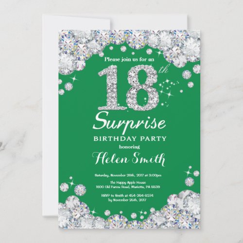 Surprise 18th Birthday Green and Silver Diamond Invitation