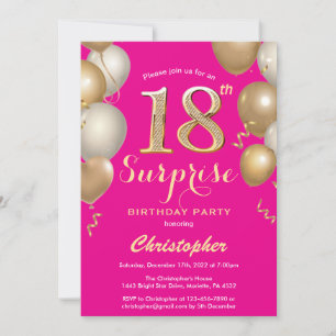 Surprise 18th Birthday Hot Pink and Gold Balloons Invitation