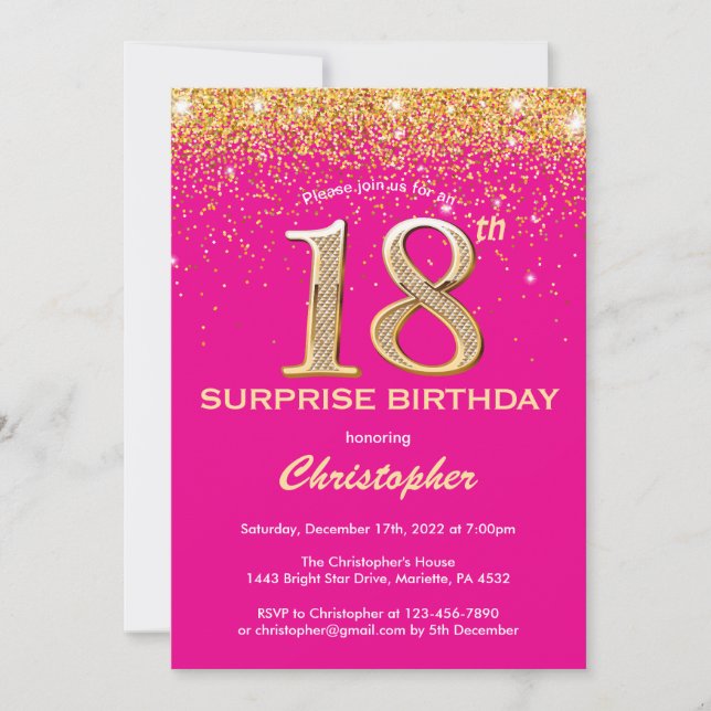 Surprise 18th Birthday Hot Pink and Gold Glitter Invitation (Front)