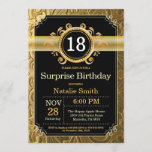 Surprise 18th Birthday Invitation Black and Gold<br><div class="desc">Surprise 18th Birthday Invitation with Black and Gold Glitter Background. Adult Birthday. Male Men or Women Birthday. Kids Boy or Girl Lady Teen Teenage Bday Invite. 13th 15th 16th 18th 20th 21st 30th 40th 50th 60th 70th 80th 90th 100th. Any Age. For further customization, please click the "Customize it" button...</div>