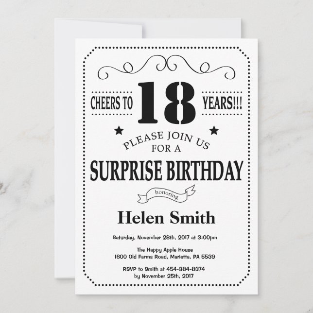 Surprise 18th Birthday Invitation Black and White (Front)