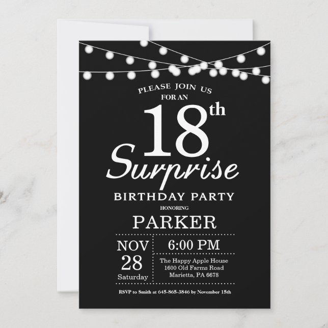 Surprise 18th Birthday Invitation Black and White (Front)