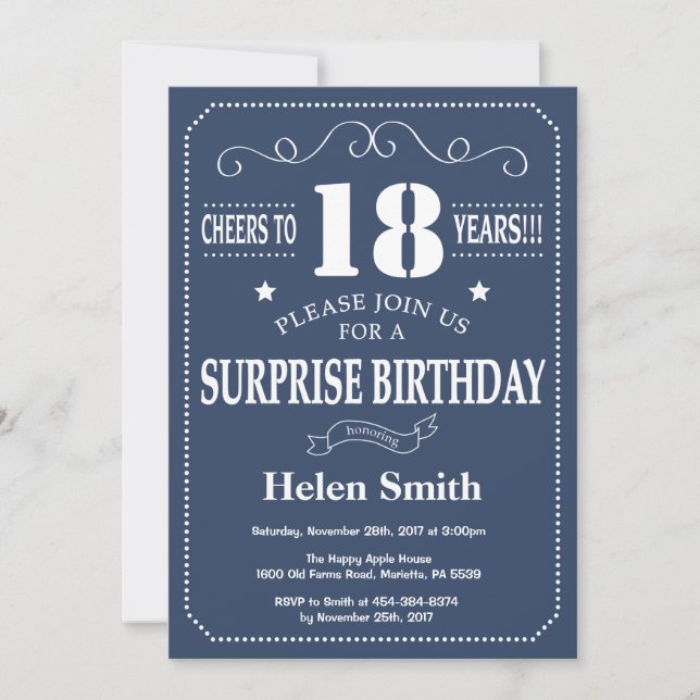 Surprise 18th Birthday Invitation Blue and White (Front)