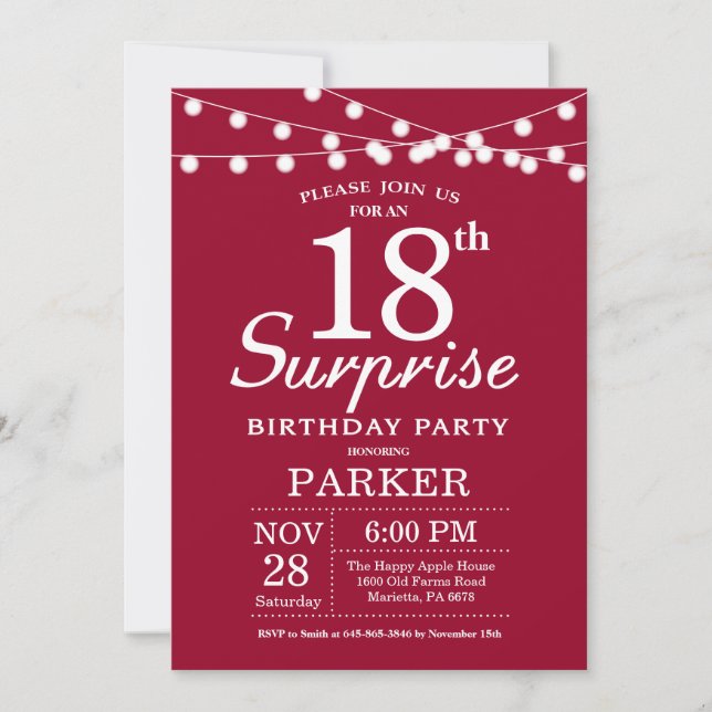 Surprise 18th Birthday Invitation Burgundy Red (Front)