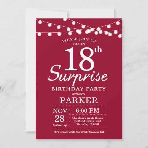 Surprise 18th Birthday Invitation Burgundy Red