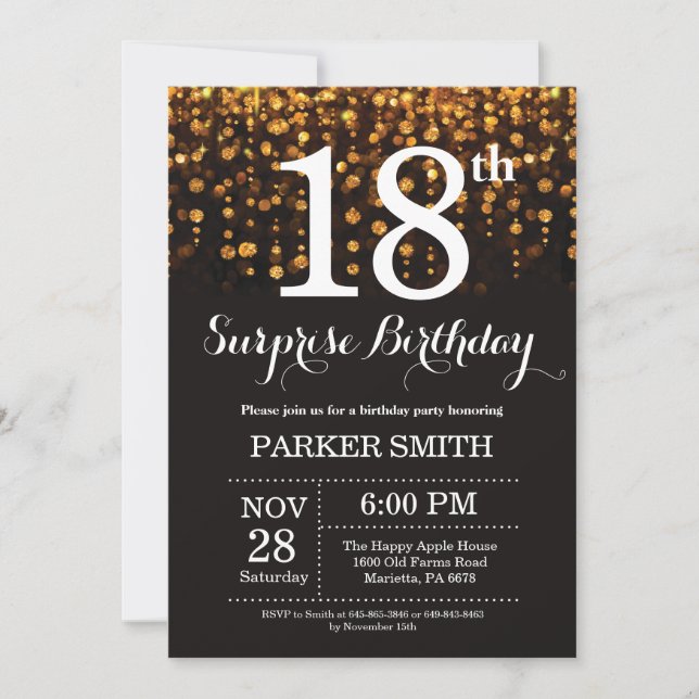 Surprise 18th Birthday Invitation Gold Glitter (Front)