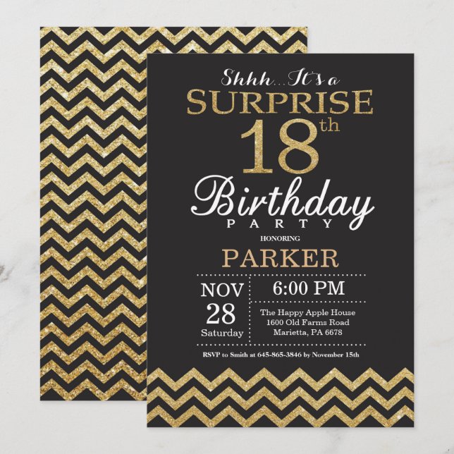 Surprise 18th Birthday Invitation Gold Glitter (Front/Back)