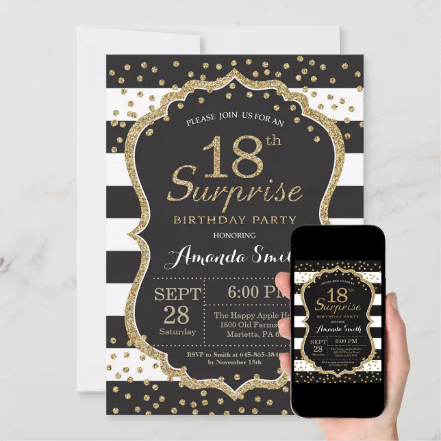 Surprise 18th Birthday Invitation Gold Glitter Invitation Zazzle 