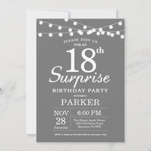 Surprise 18th Birthday Invitation Gray and White