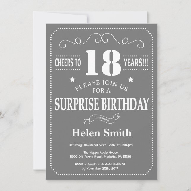 Surprise 18th Birthday Invitation Gray and White (Front)