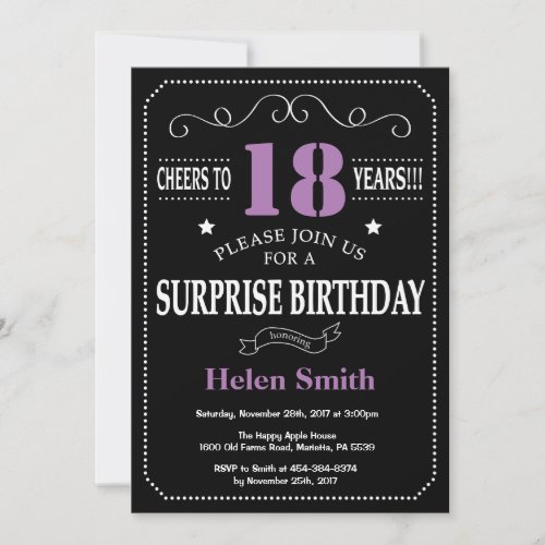 Surprise 18th Birthday Invitation Purple and Black