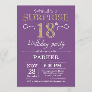 Surprise 18th Birthday Invitation Purple and Gold