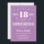 Surprise 18th Birthday Invitation Purple and White<br><div class="desc">Surprise 18th Birthday Invitation Purple and White Typography. Purple Background. Adult Birthday. Male Men or Women Birthday. Kids Boy or Girl Lady Teen Teenage Bday Invite. 13th 15th 16th 18th 20th 21st 30th 40th 50th 60th 70th 80th 90th 100th. Any Age. For further customization, please click the "Customize it" button...</div>
