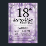 Surprise 18th Birthday Invitation Purple Glitter<br><div class="desc">Surprise 18th Birthday Invitation with Purple String Lights with Purple Glitter Background. Purple Birthday. Adult Birthday. Men or Women Bday Invite. 13th 15th 16th 18th 20th 21st 30th 40th 50th 60th 70th 80th 90th 100th, Any age. For further customization, please click the "Customize it" button and use our design tool...</div>