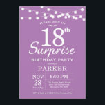 Surprise 18th Birthday Invitation Purple Lavender<br><div class="desc">Surprise 18th Birthday Invitation with String Lights. Purple Lavender Lilac Background. Women Female Lady Elegant Modern bday. 13th 15th 16th 18th 20th 21st 30th 40th 50th 60th 70th 80th 90th 100th, Any age. For further customization, please click the "Customize it" button and use our design tool to modify this template....</div>