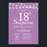 Surprise 18th Birthday Invitation Purple Lavender<br><div class="desc">Surprise 18th Birthday Invitation with String Lights. Purple Lavender Lilac Background. Women Female Lady Elegant Modern bday. 13th 15th 16th 18th 20th 21st 30th 40th 50th 60th 70th 80th 90th 100th, Any age. For further customization, please click the "Customize it" button and use our design tool to modify this template....</div>