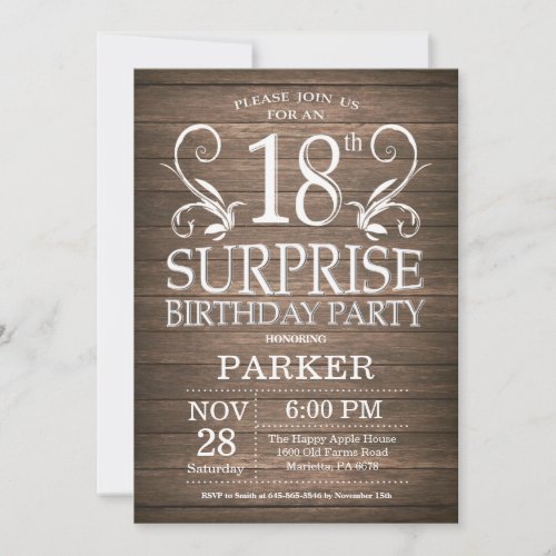 Surprise 18th Birthday Invitation Rustic Wood