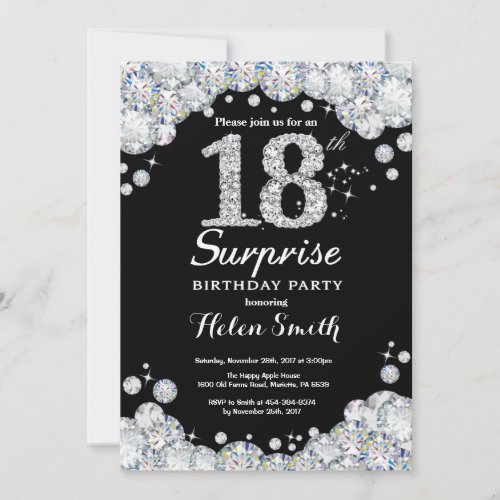 Surprise 18th Birthday Invitation Silver Diamond