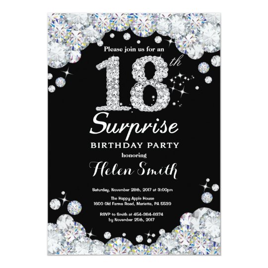 surprise 18th birthday invitation silver diamond zazzle