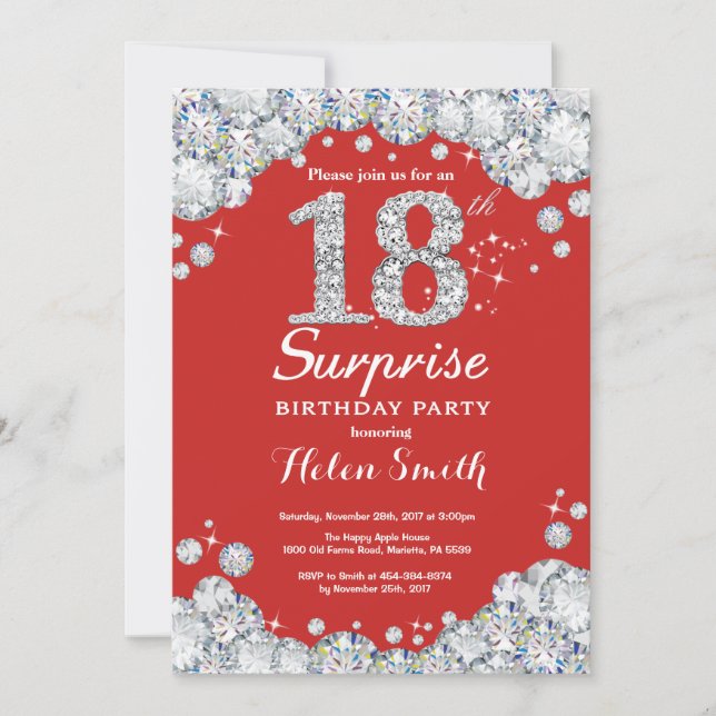 Surprise 18th Birthday Invitation Silver Diamond (Front)