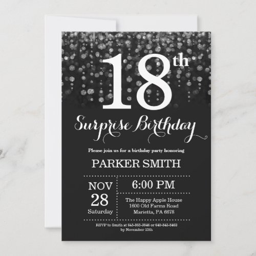 Surprise 18th Birthday Invitation Silver Glitter