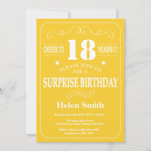 Surprise 18th Birthday Invitation Yellow and White