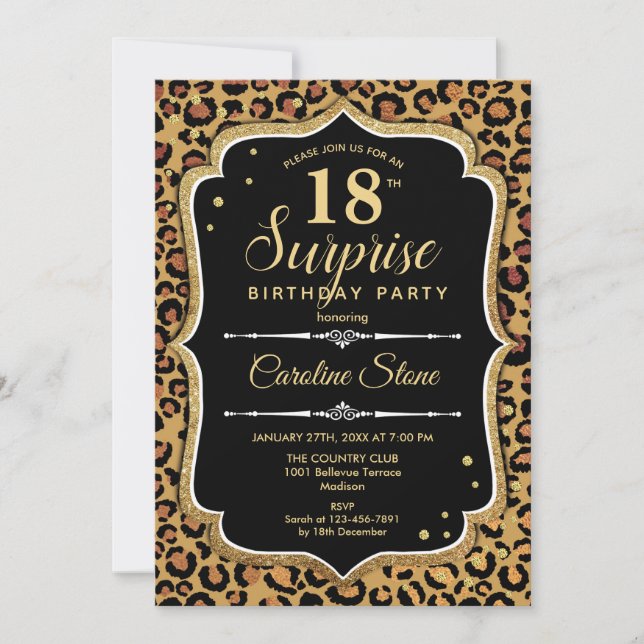 Surprise 18th Birthday - Leopard Black Gold Invitation (Front)