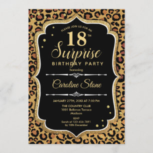 Surprise 18th Birthday - Leopard Black Gold Invitation