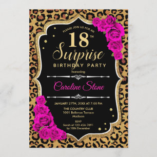 Surprise 18th Birthday - Leopard Black Gold Pink Invitation
