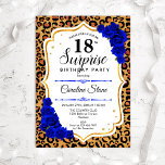 Surprise 18th Birthday - Leopard Gold Royal Blue Invitation<br><div class="desc">Surprise 18th Birthday Invitation.
Feminine royal blue,  white design with faux glitter gold. Features animal leopard cheetah pattern,  sapphire blue roses,  script font and confetti. Perfect for an elegant birthday party. Can be personalized to show any age. Message me if you need further customization.</div>