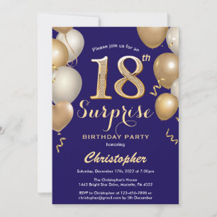 Surprise 18th Birthday Navy Blue and Gold Balloons Invitation