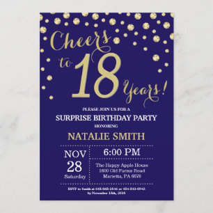 Surprise 18th Birthday Navy Blue and Gold Diamond Invitation