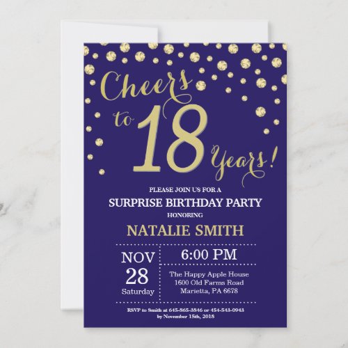 Surprise 18th Birthday Navy Blue and Gold Diamond Invitation